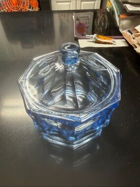 Octagonal Blue Glass Covered Candy Dish
